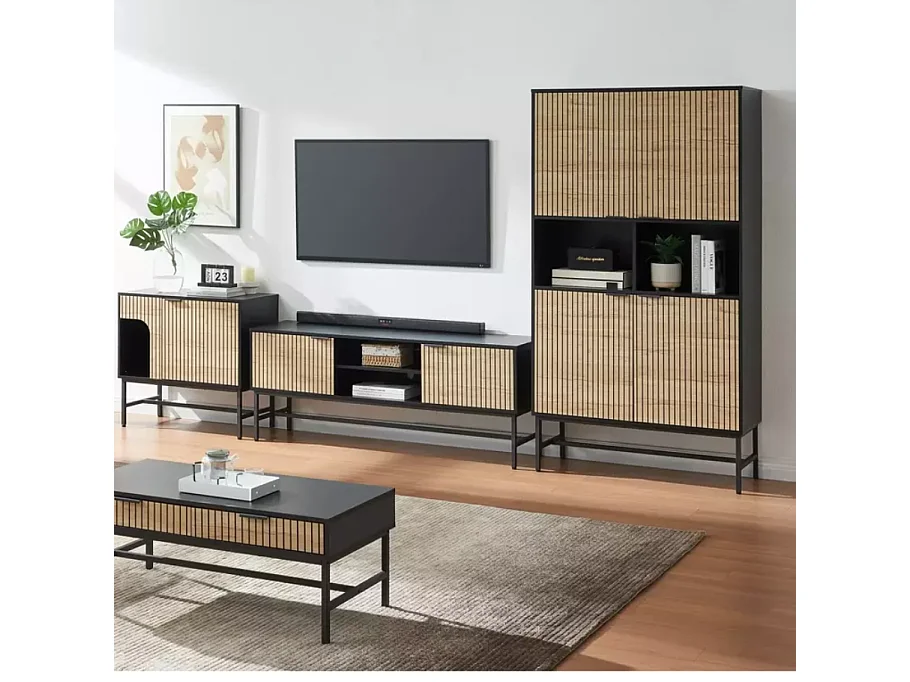 Armoire de salon en métal noir et plateau chêne 100 x 40 x 184 cm industrielle LOREENS