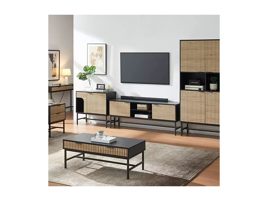 Table basse 100 x 48 cm noire et chêne avec 2 tiroirs LOREENS