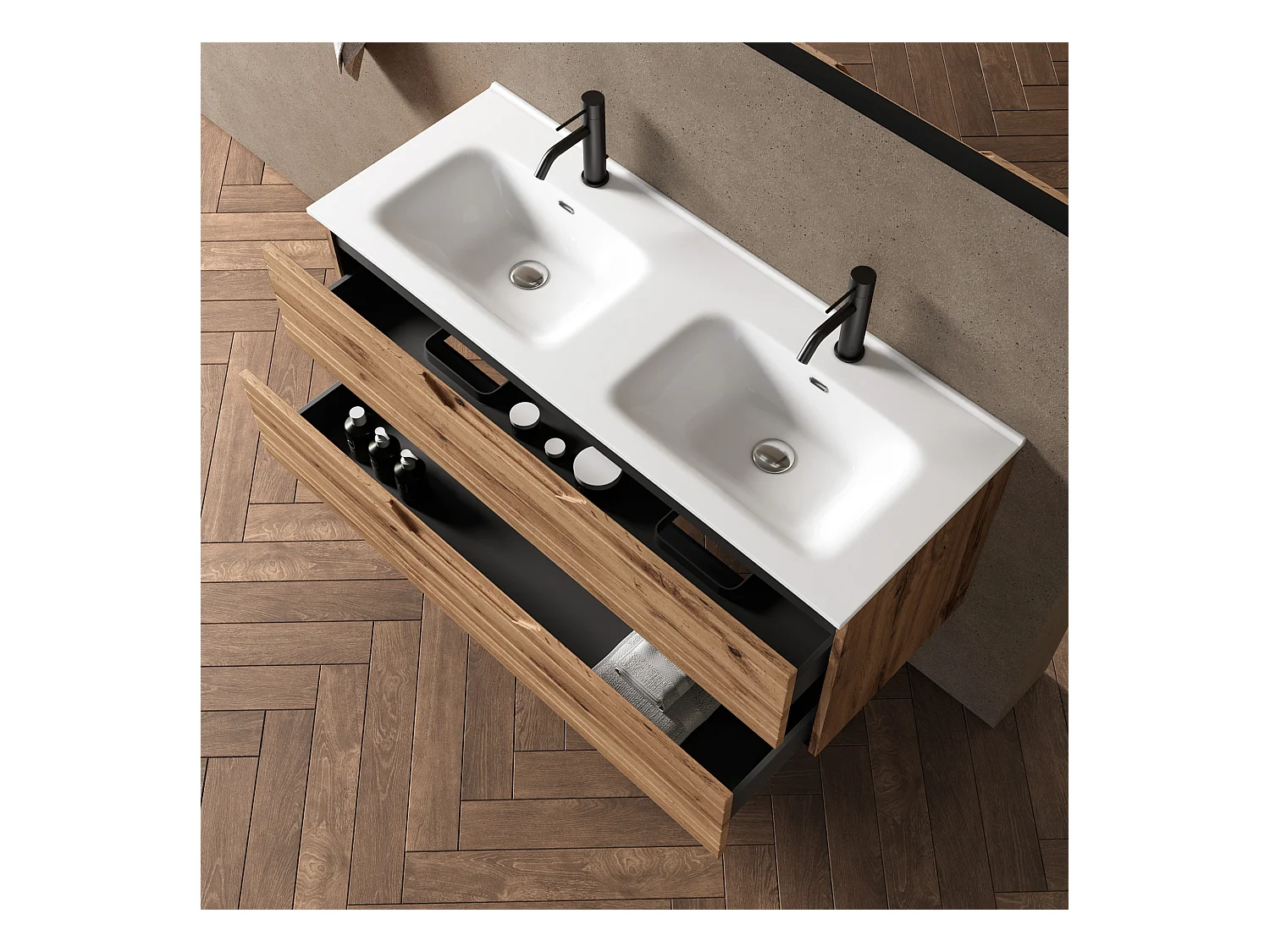 Composition double vasque 5 pièces SOLMIRA chêne