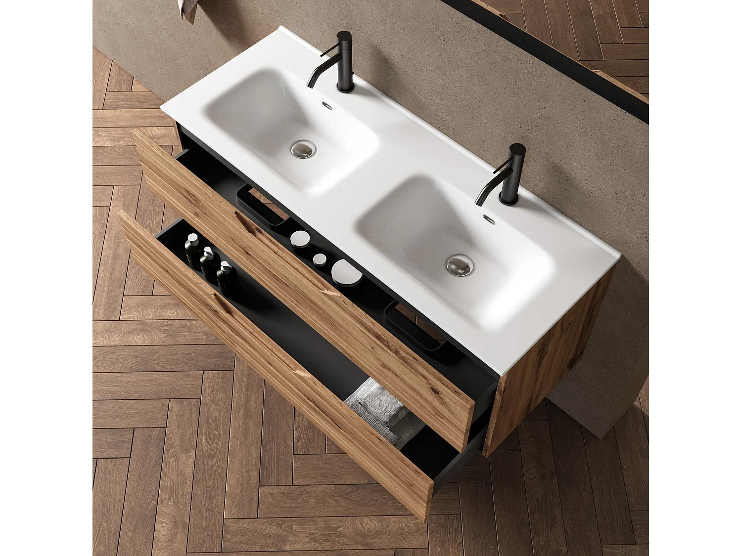 5-teiliges Set mit Doppelwaschbecken SOLMIRA eiche