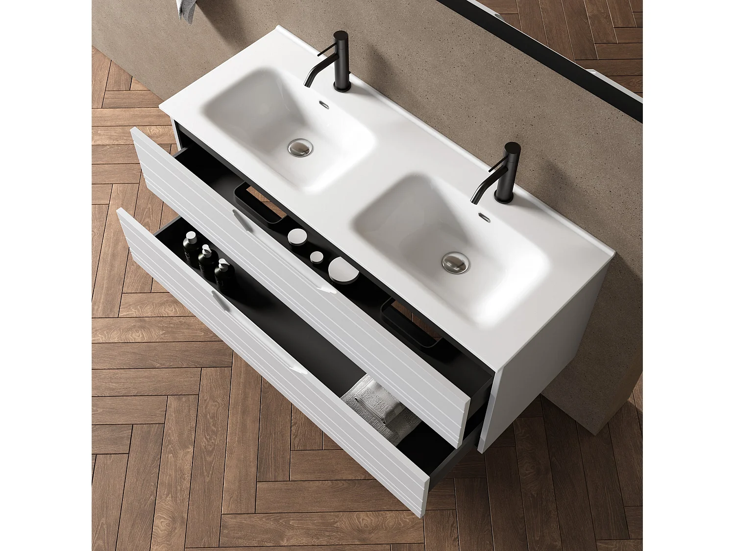 5-teiliges Set mit Doppelwaschbecken SOLMIRA mattweiß