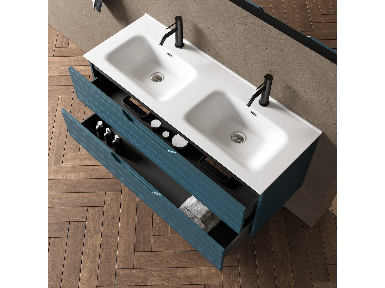 5-teiliges Set mit Doppelwaschbecken SOLMIRA blau