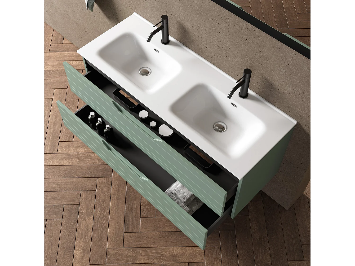 5-teiliges Set mit Doppelwaschbecken SOLMIRA salbeigrün