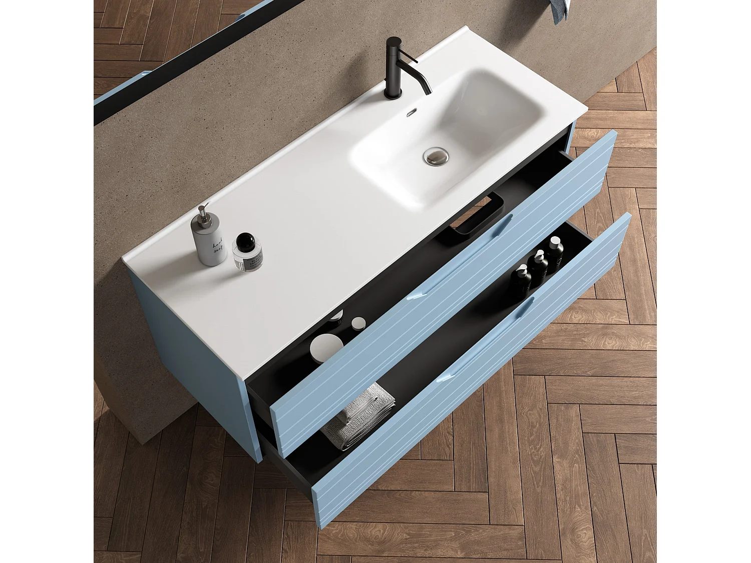 Composition vasque droite 4 pièces SOLMIRA bleu Tiffany