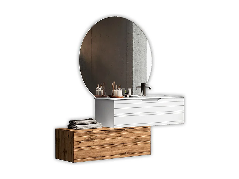 Composition vasque droite 4 pièces SOLMIRA blanc/chêne