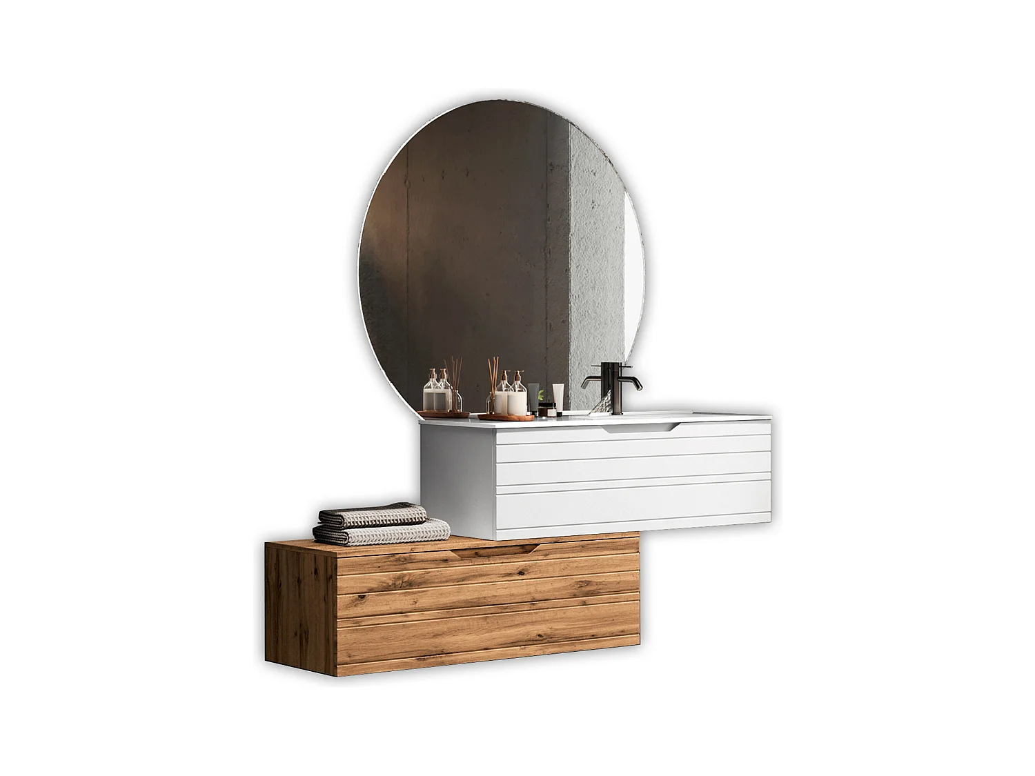 Composition vasque droite 4 pièces SOLMIRA blanc/chêne