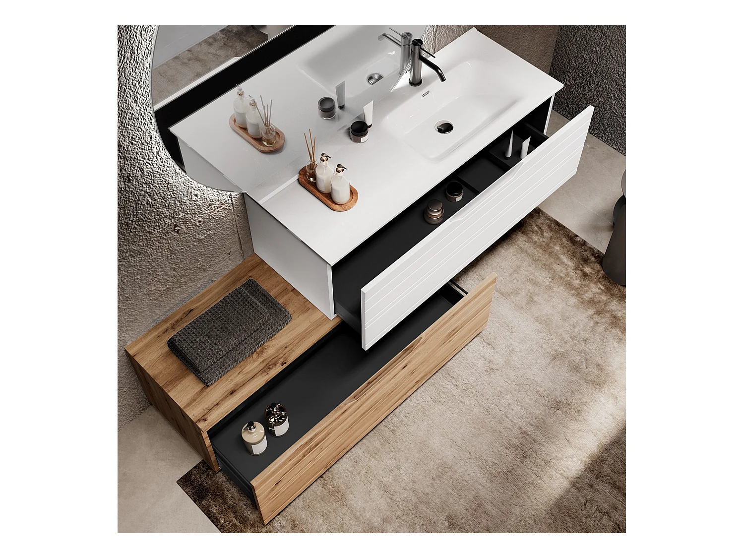 Composition vasque droite 4 pièces SOLMIRA blanc/chêne