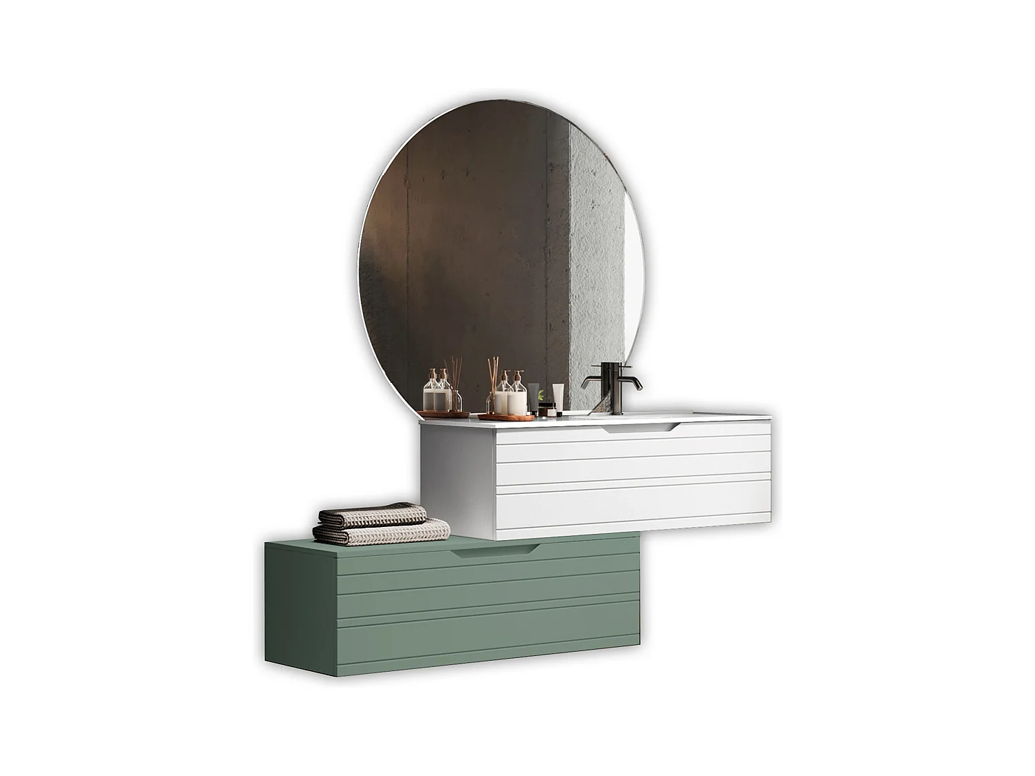 Composition vasque droite 4 pièces SOLMIRA blanc/vert sauge