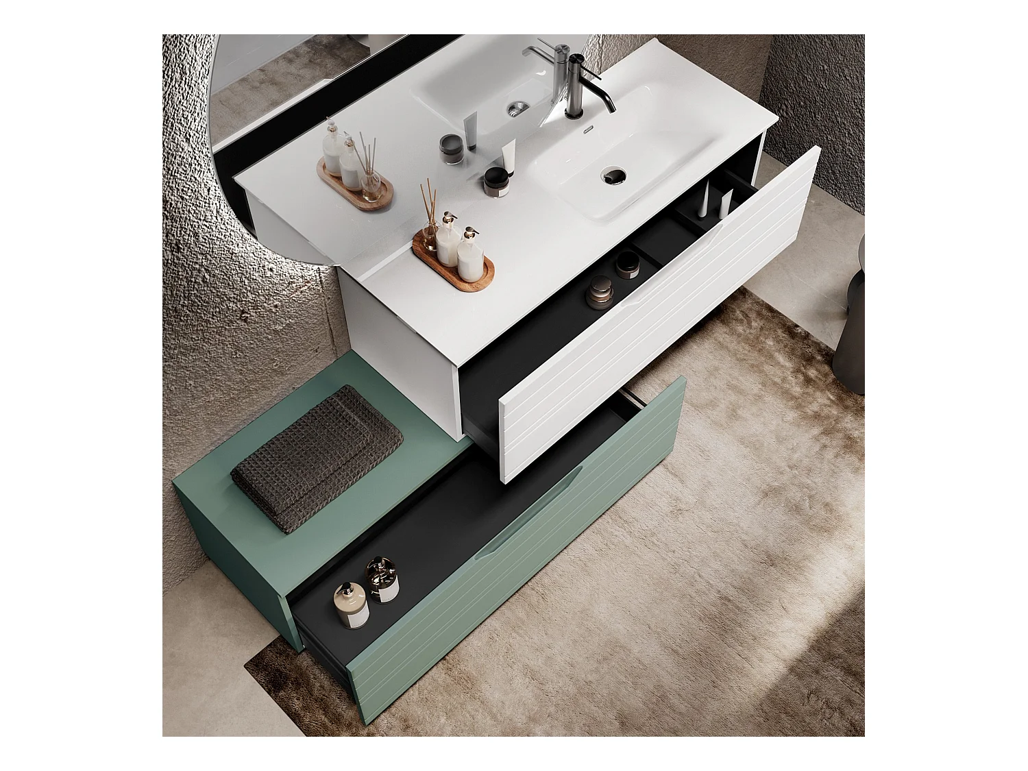 Composition vasque droite 4 pièces SOLMIRA blanc/vert sauge