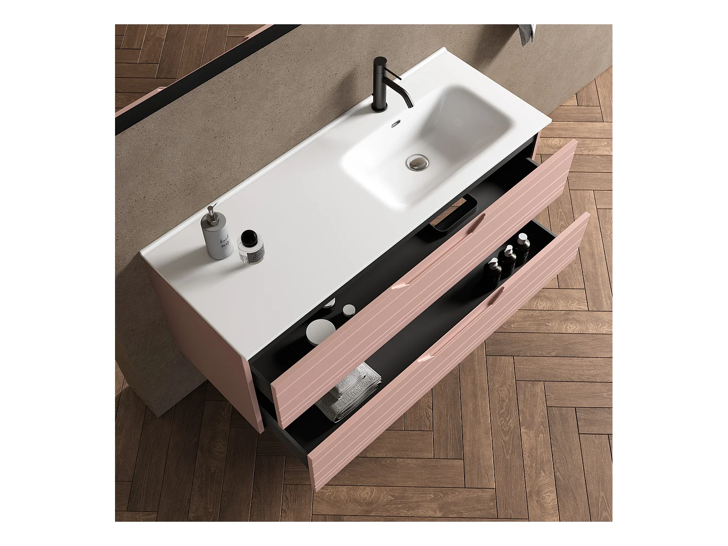 4-teiliges Set mit rechter Badewanne SOLMIRA puderrosa