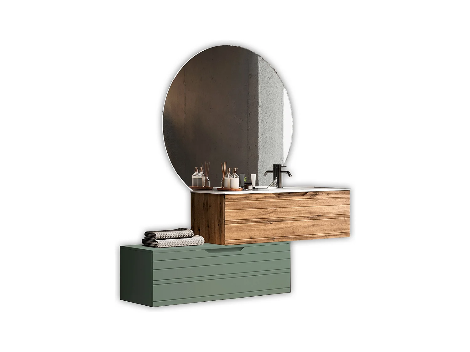 Composição de banheira direita 4 peças SOLMIRA carvalho/verde sálvia