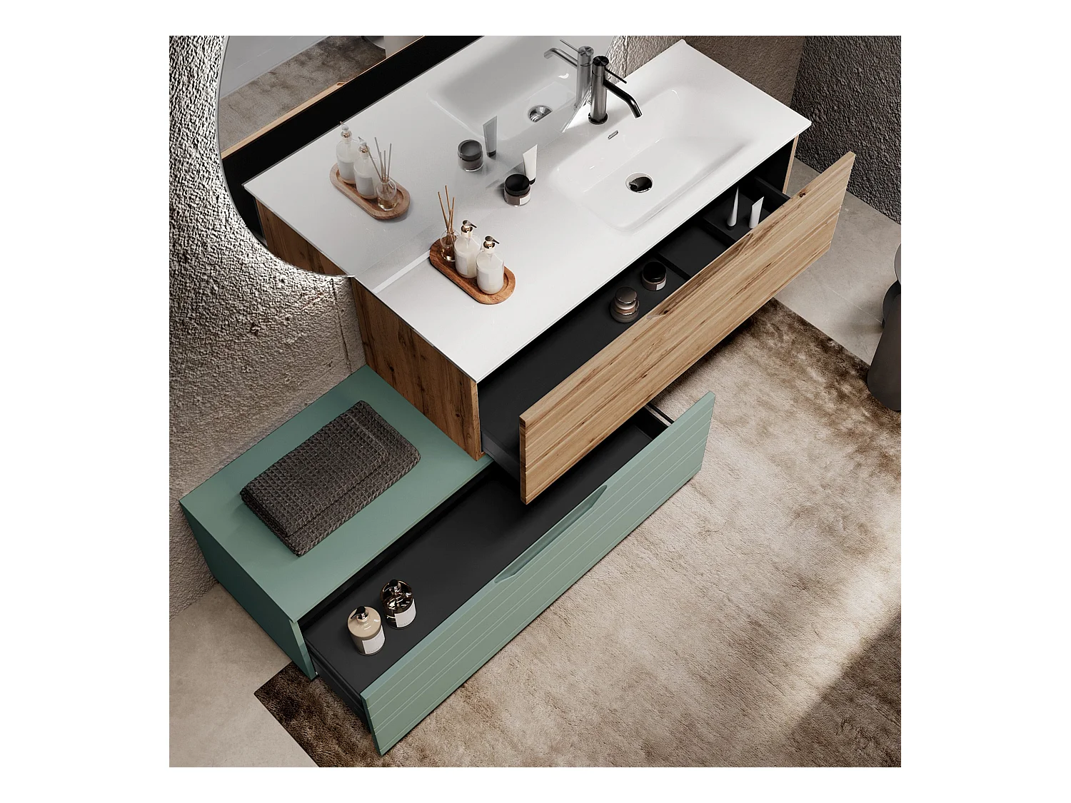 Composição de banheira direita 4 peças SOLMIRA carvalho/verde sálvia