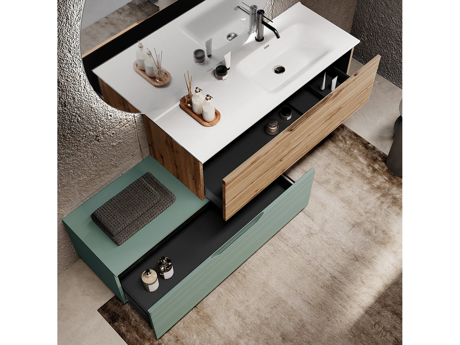 Komposition Badewanne rechts 4-teilig SOLMIRA eiche/salbeigrün