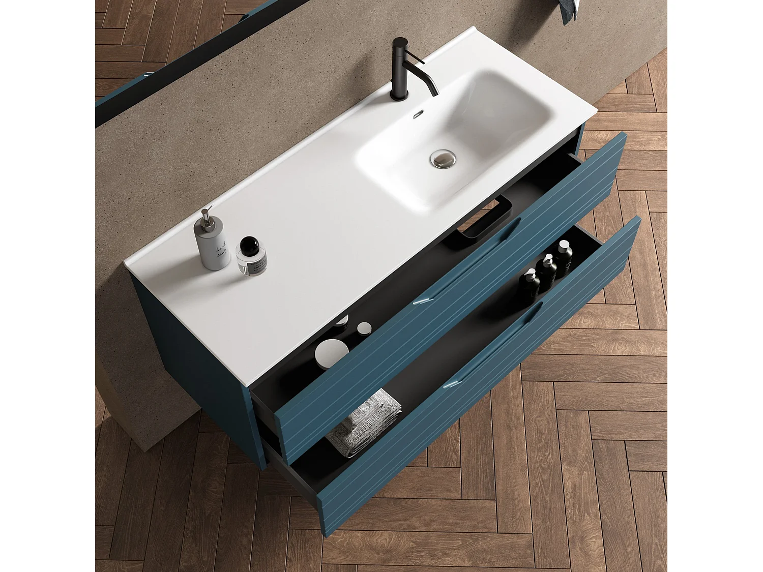 4-teiliges Set mit rechter Badewanne SOLMIRA blau