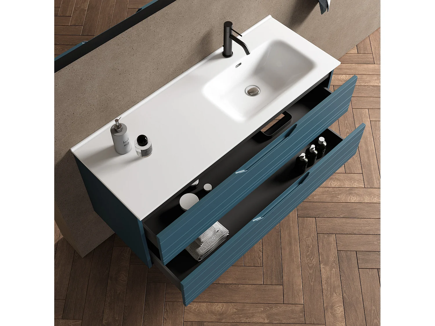 4-teiliges Set mit rechter Badewanne SOLMIRA blau