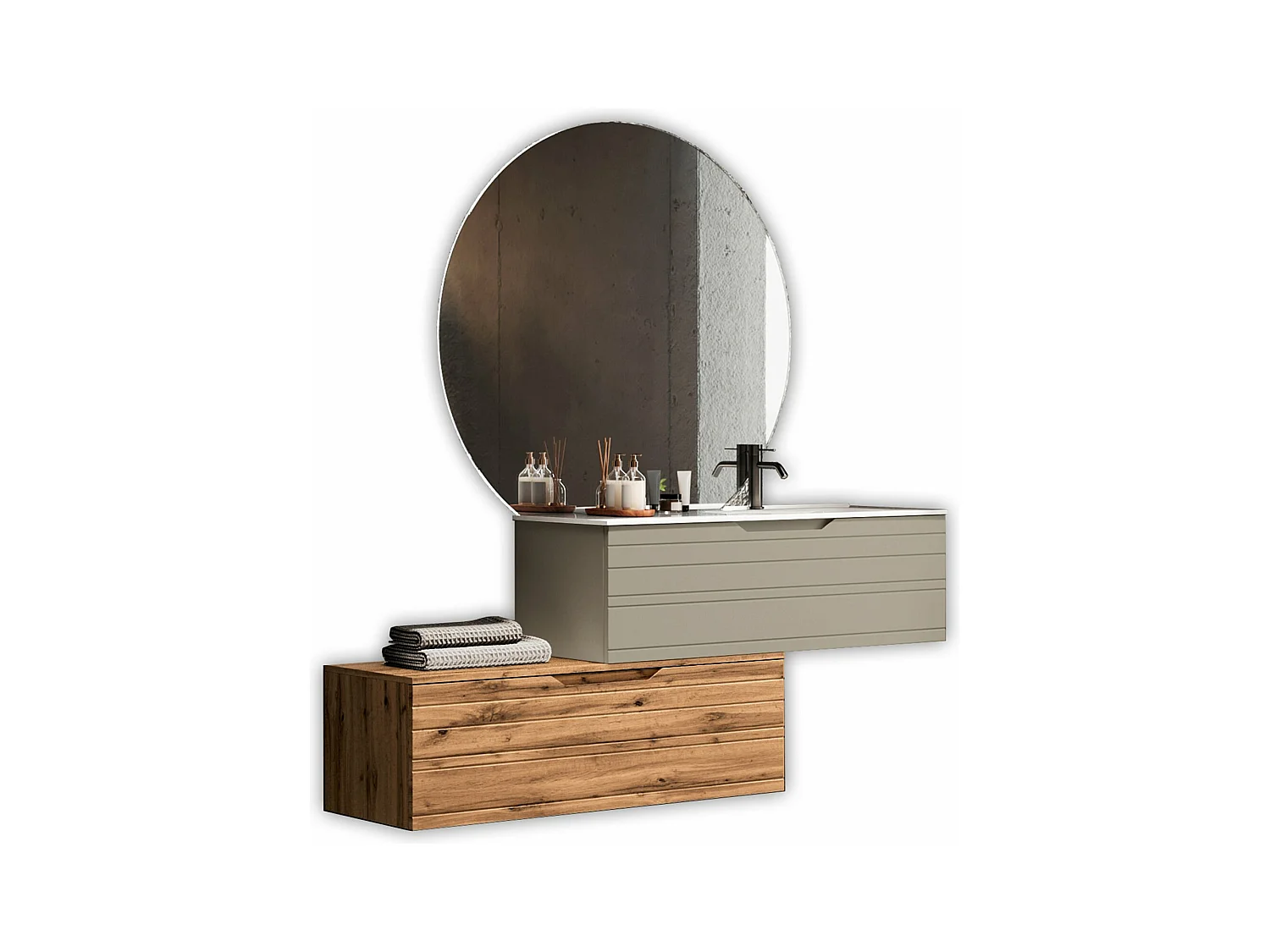 Composition vasque droite 4 pièces SOLMIRA taupe/chêne