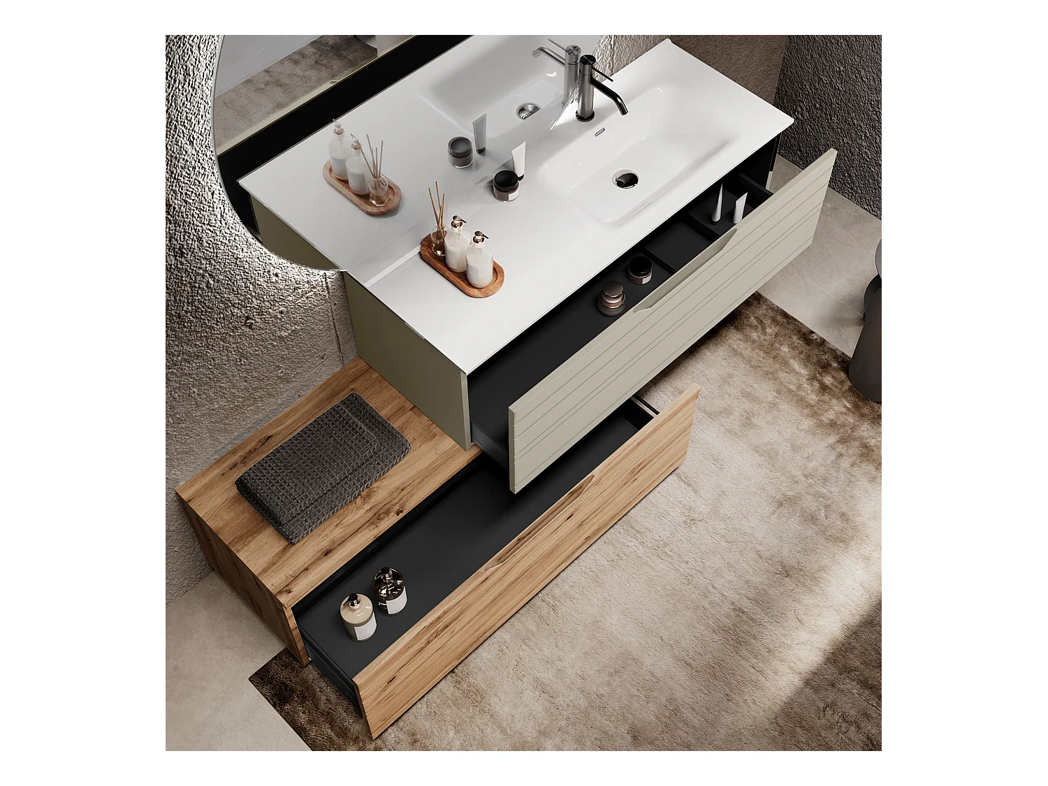 Composition vasque droite 4 pièces SOLMIRA taupe/chêne