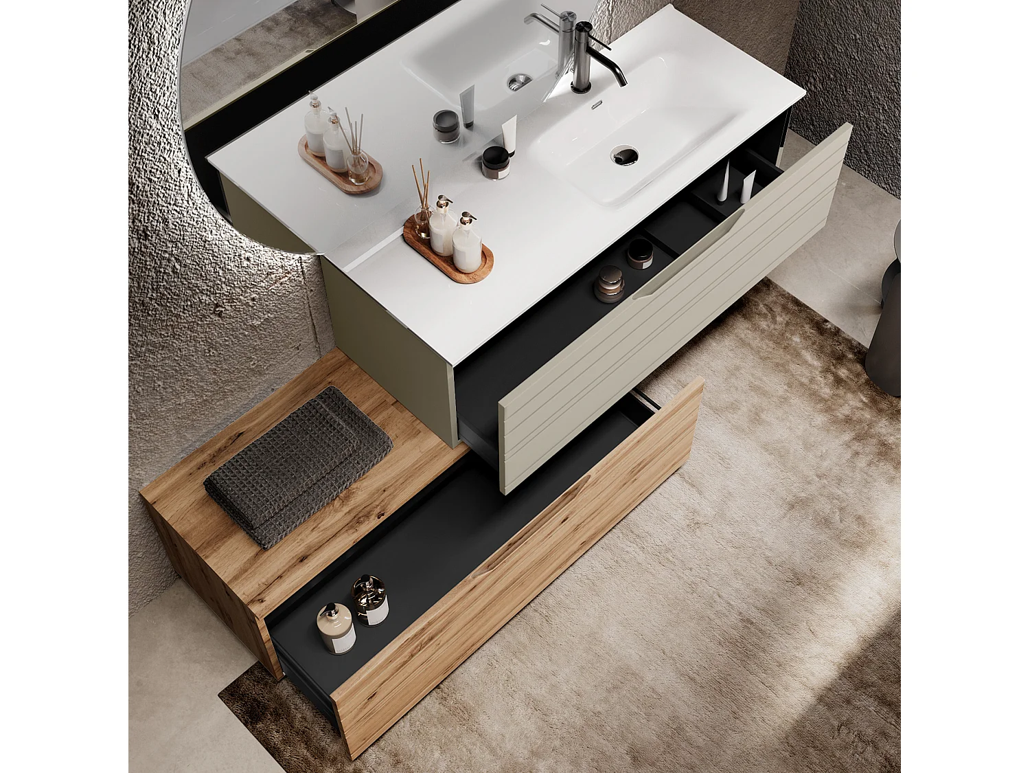 Composition vasque droite 4 pièces SOLMIRA taupe/chêne