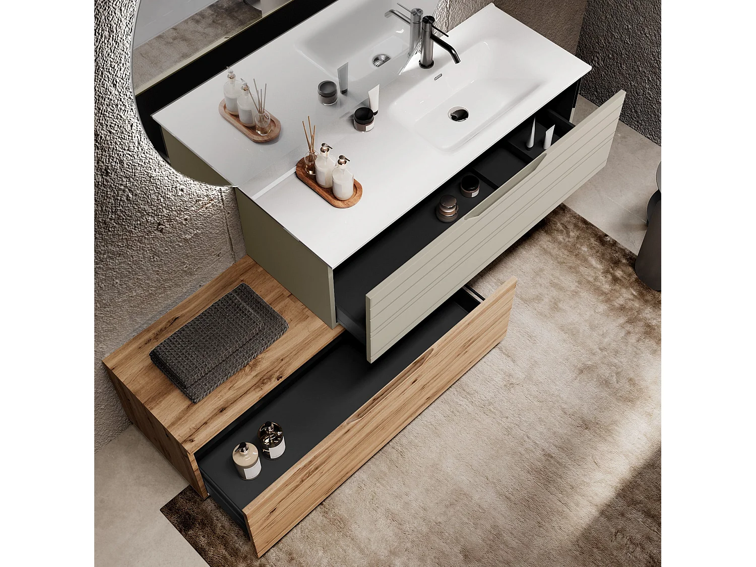 Komposition Badewanne rechts 4-teilig SOLMIRA taubengrau/eiche