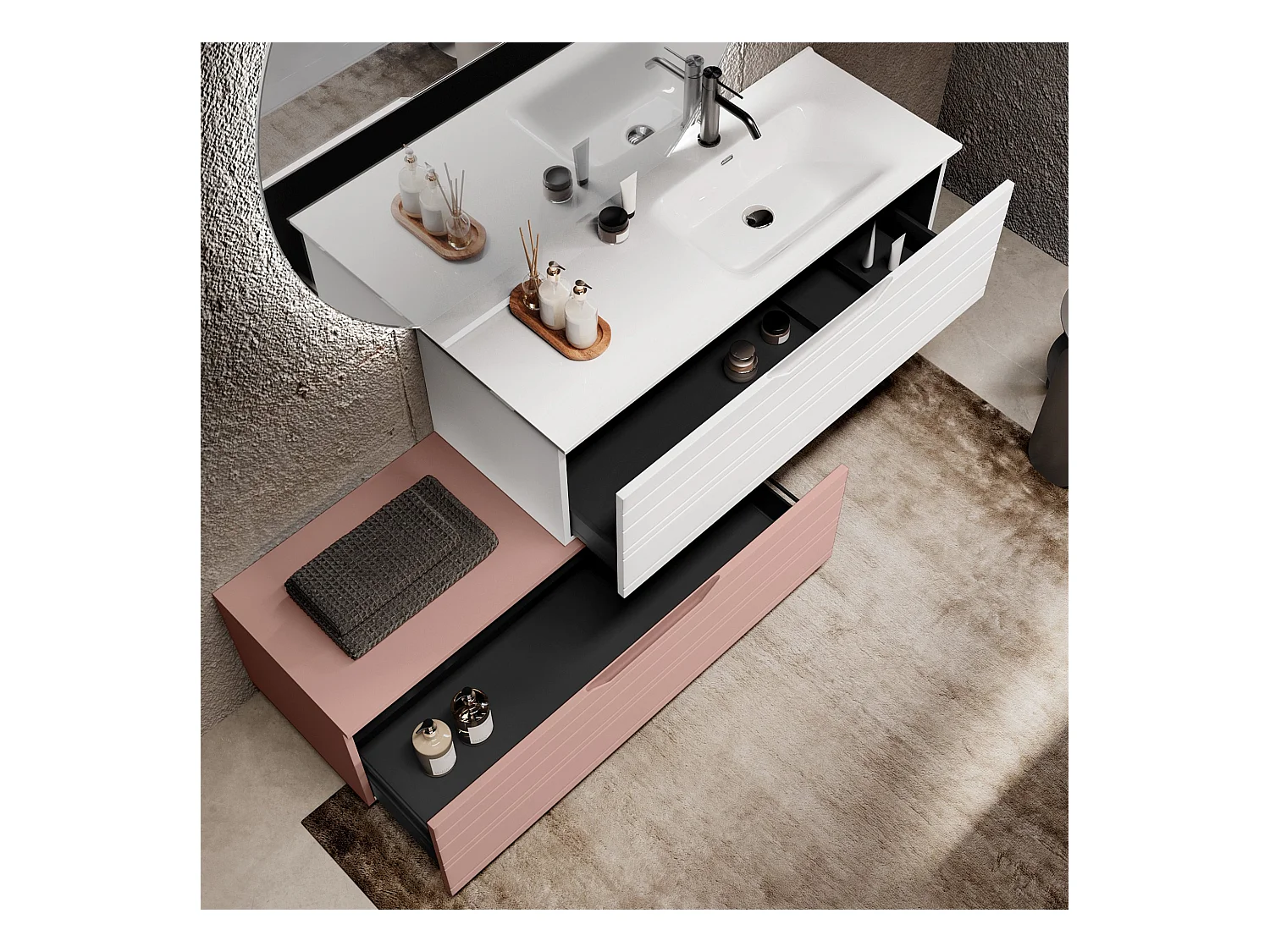 Composition vasque droite 4 pièces SOLMIRA blanc/rose poudré