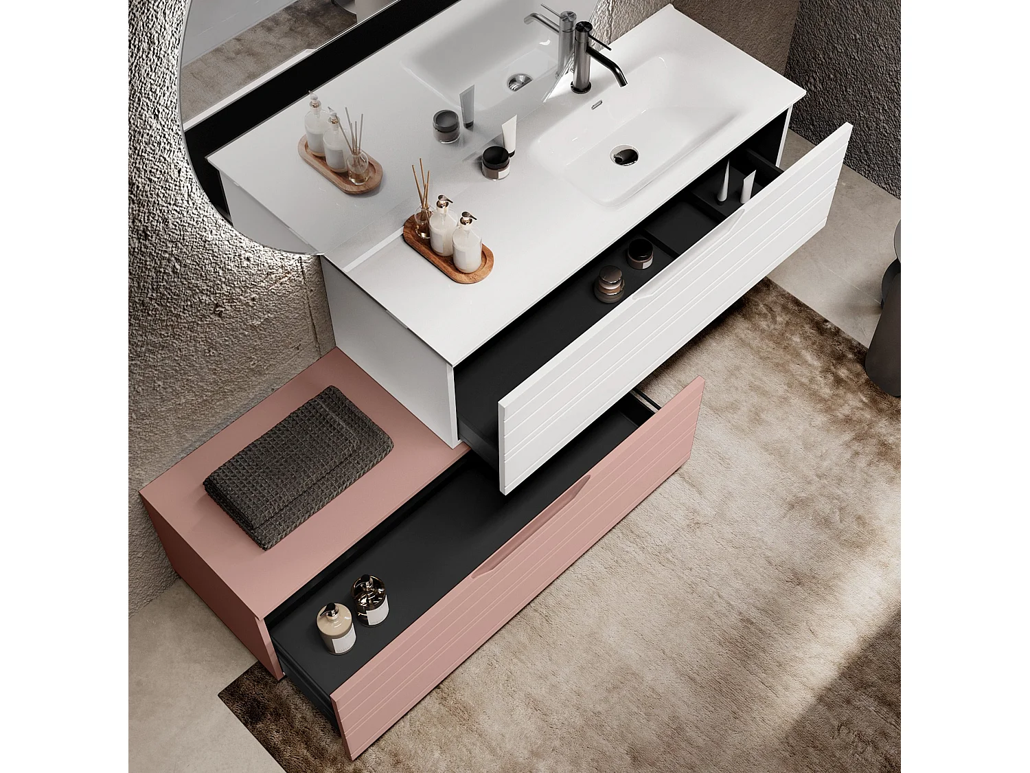 Composition vasque droite 4 pièces SOLMIRA blanc/rose poudré