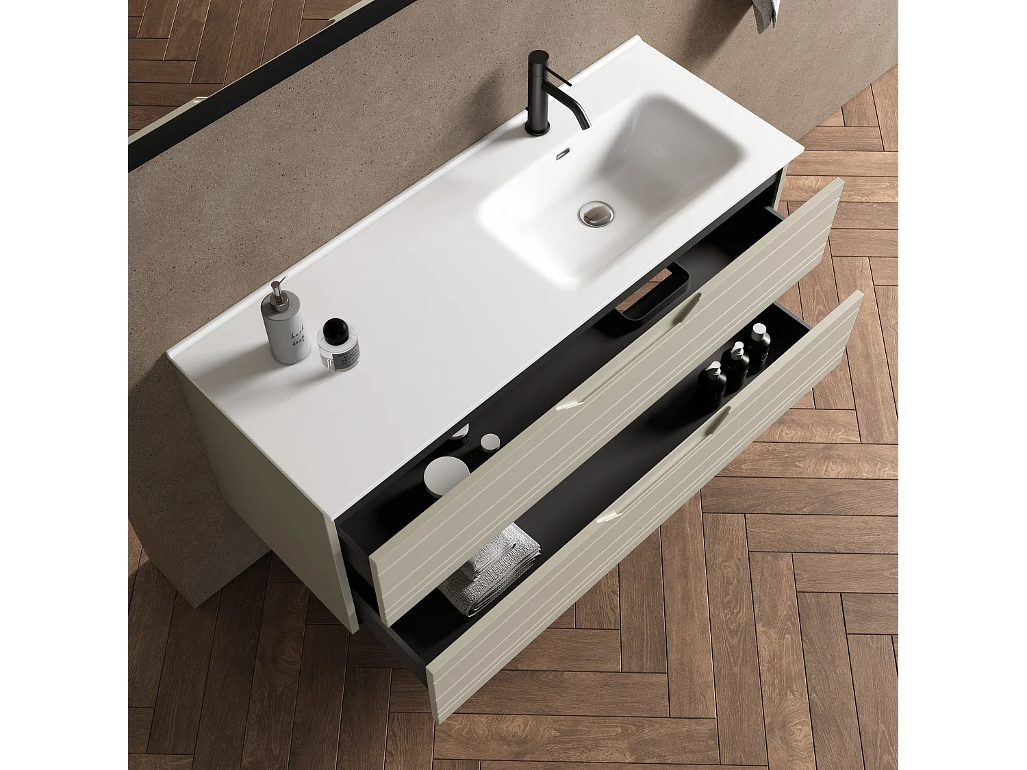 4-teiliges Set mit rechter Badewanne SOLMIRA taupe