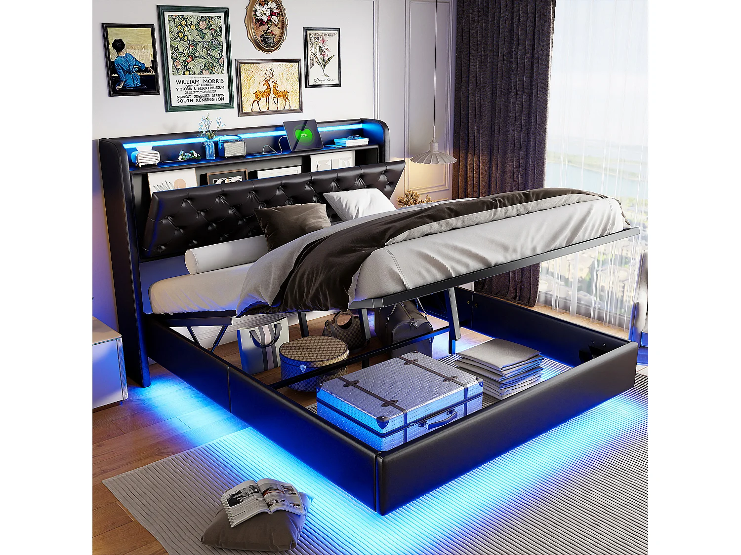 Lit rembourré 160 x 200 cm avec recharge USB, lit double pour jeune, lit coffre avec LED et tête de lit avec rangement, sommier à lattes hydraulique.