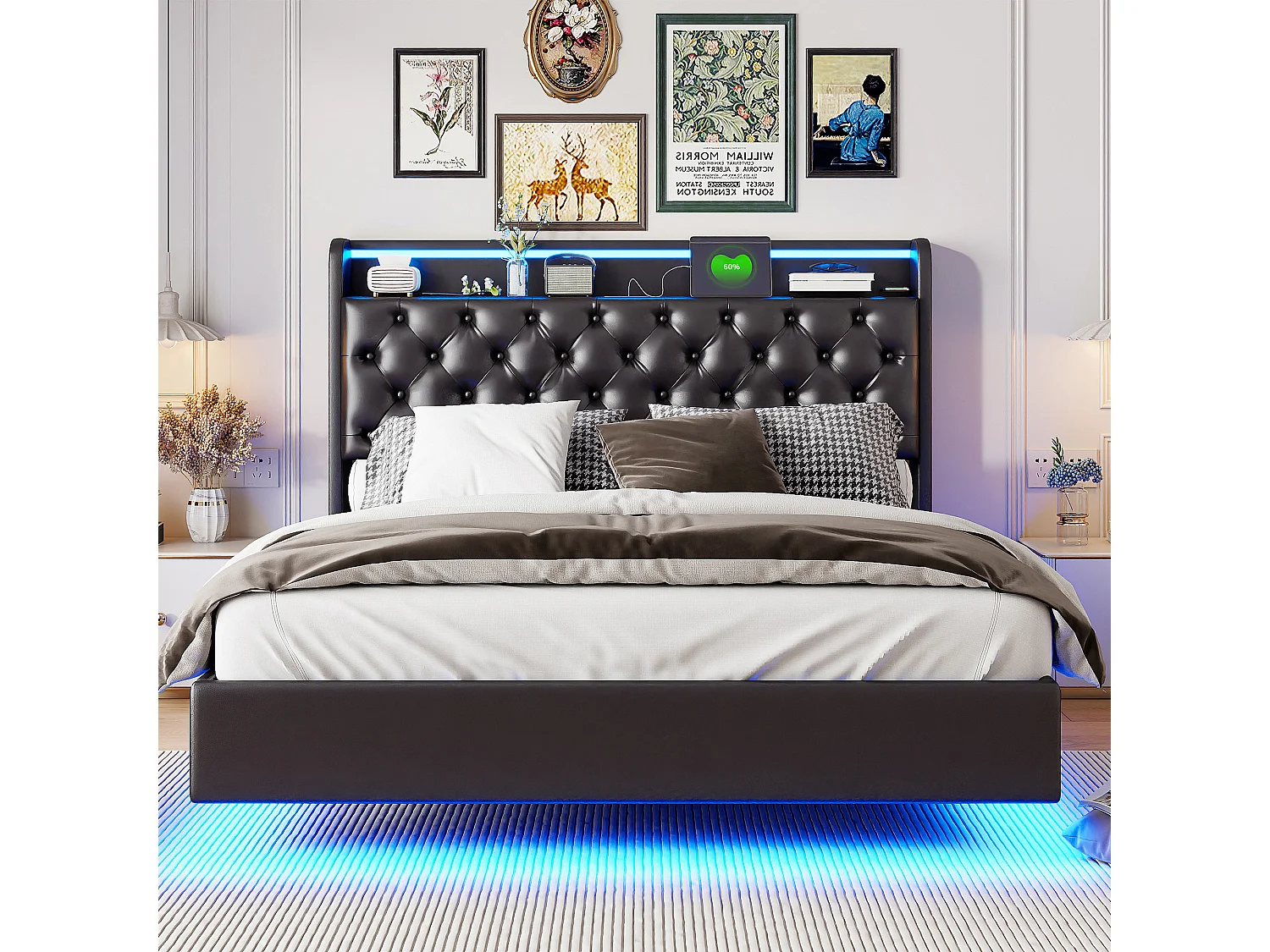 Lit rembourré 160 x 200 cm avec recharge USB, lit double pour jeune, lit coffre avec LED et tête de lit avec rangement, sommier à lattes hydraulique.