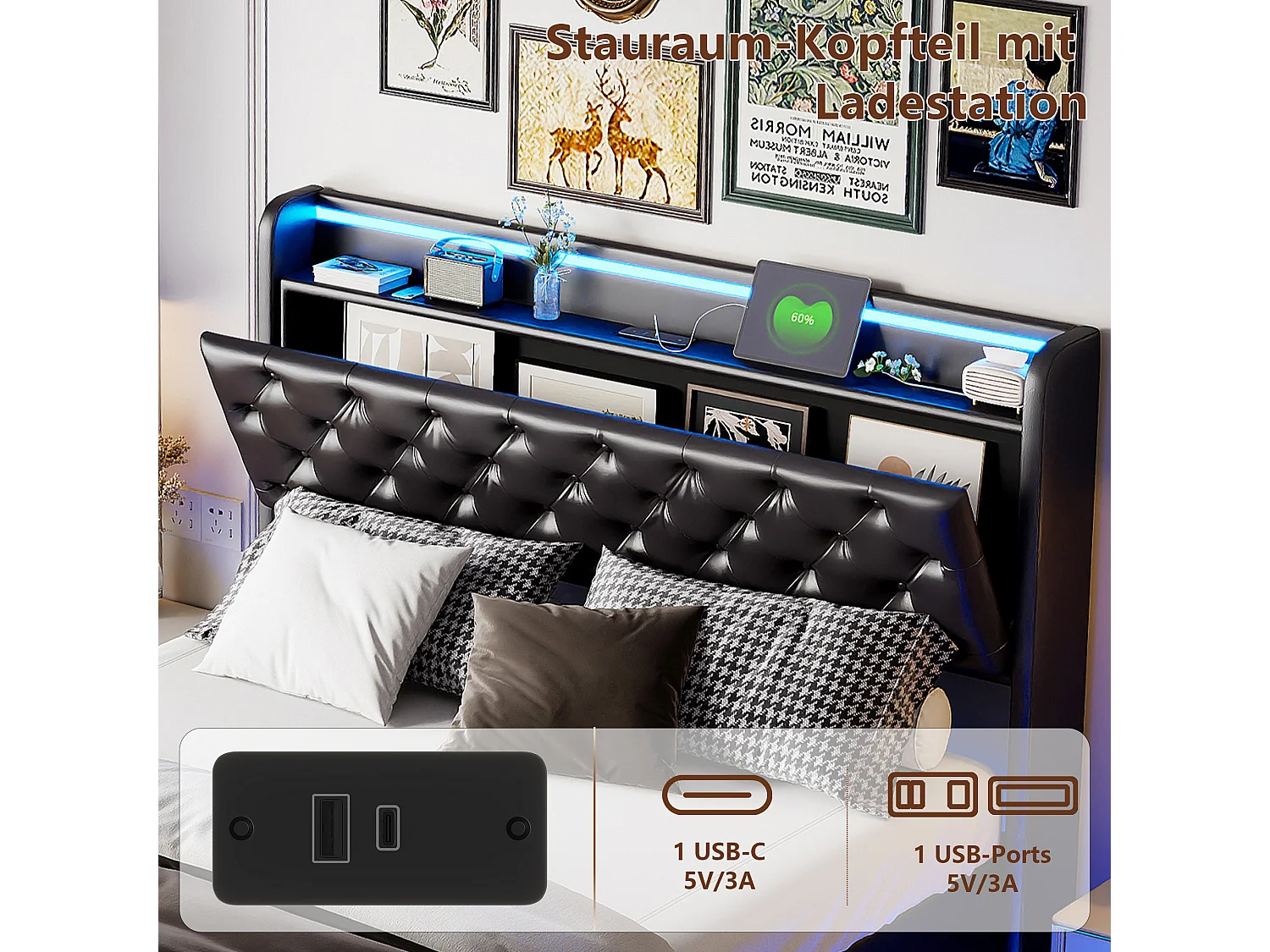 Lit rembourré 160 x 200 cm avec recharge USB, lit double pour jeune, lit coffre avec LED et tête de lit avec rangement, sommier à lattes hydraulique.