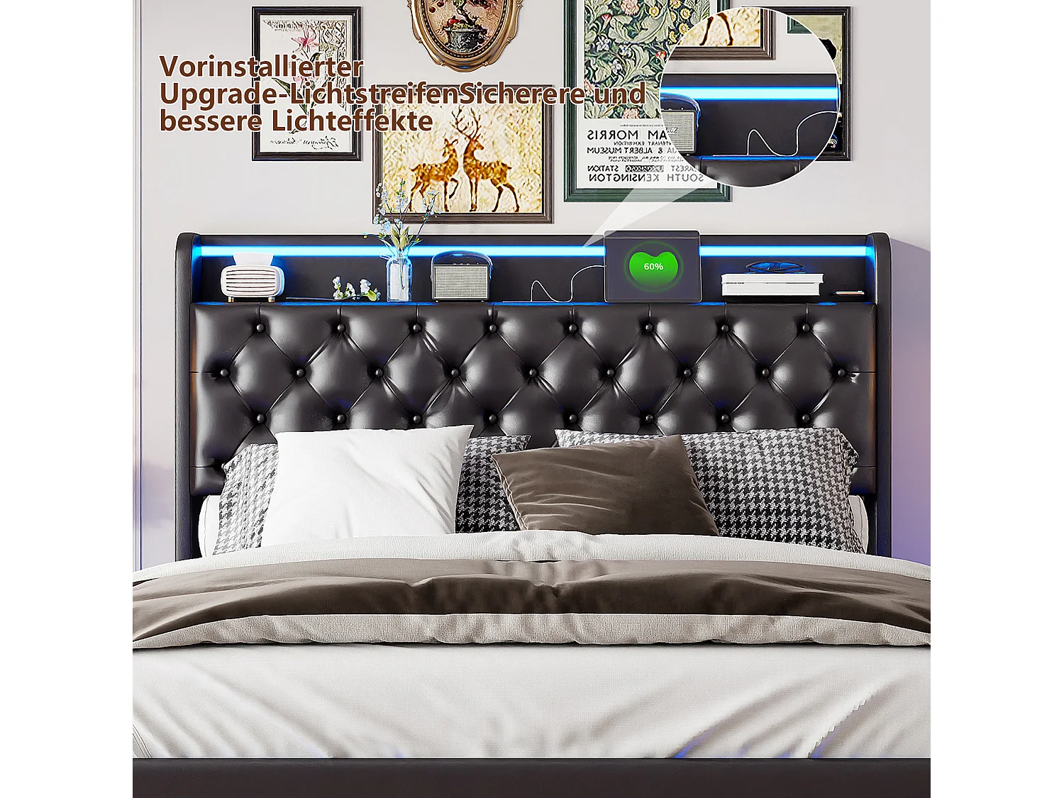 Lit rembourré 160 x 200 cm avec recharge USB, lit double pour jeune, lit coffre avec LED et tête de lit avec rangement, sommier à lattes hydraulique.