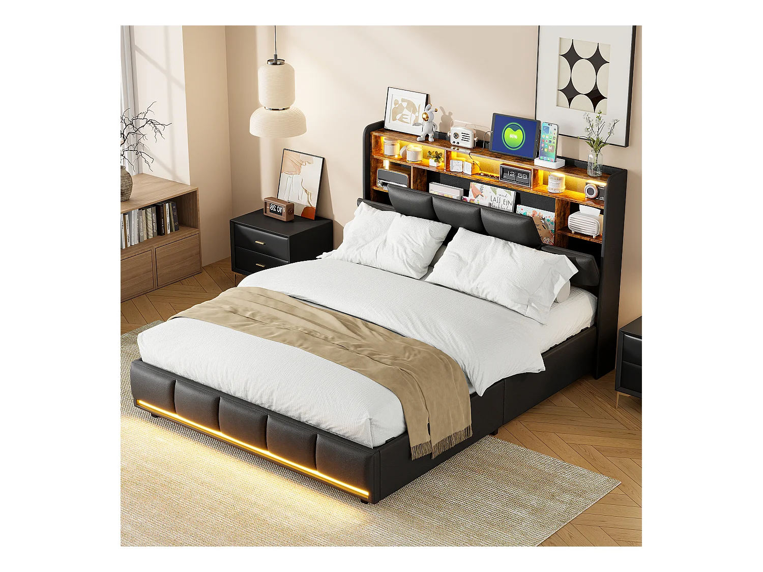 Polsterbett 140x200cm mit USB und Steckdosen, Jugendbett Doppelbett mit Lattenrost und Stauraum, Stauraumbett mit LED, Kunstleder, Schwarz