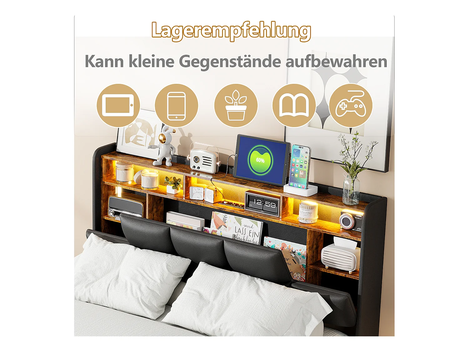 Polsterbett 140x200cm mit USB und Steckdosen, Jugendbett Doppelbett mit Lattenrost und Stauraum, Stauraumbett mit LED, Kunstleder, Schwarz