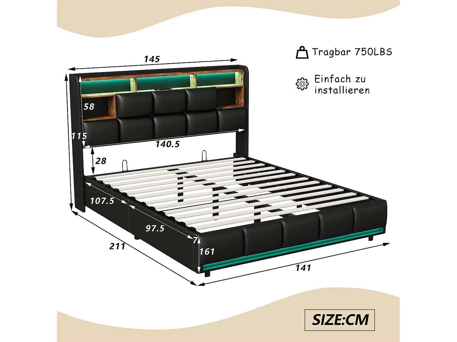 Cama tapizada de 140 x 200 cm con USB y enchufes, cama infantil con somier y almacenaje, canapé con LED, piel sintética, color negro.