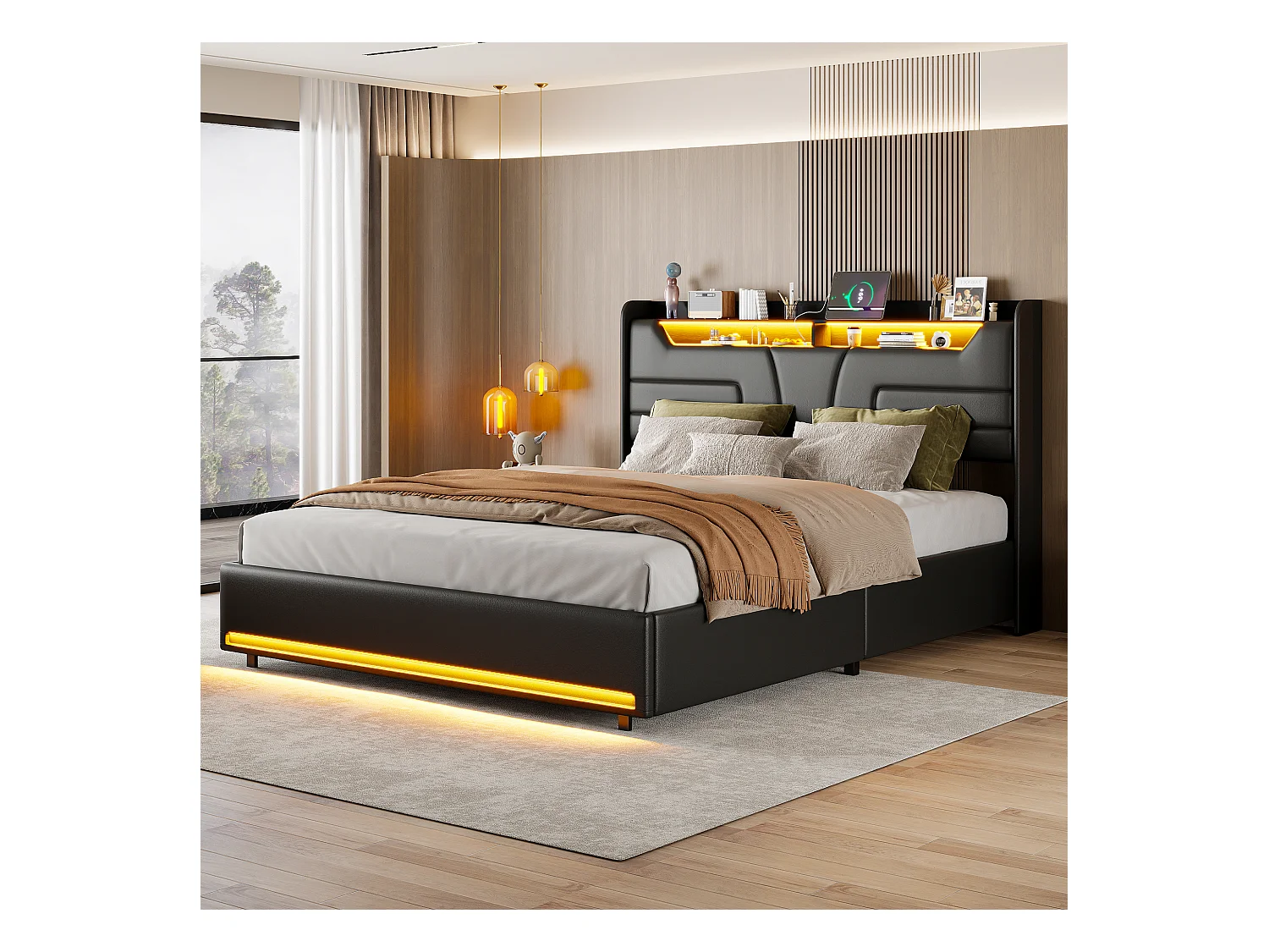 Polsterbett 140x200cm mit USB und Steckdosen, Jugendbett Doppelbett mit Lattenrost und Stauraum, Stauraumbett mit LED, Kunstleder, Schwarz