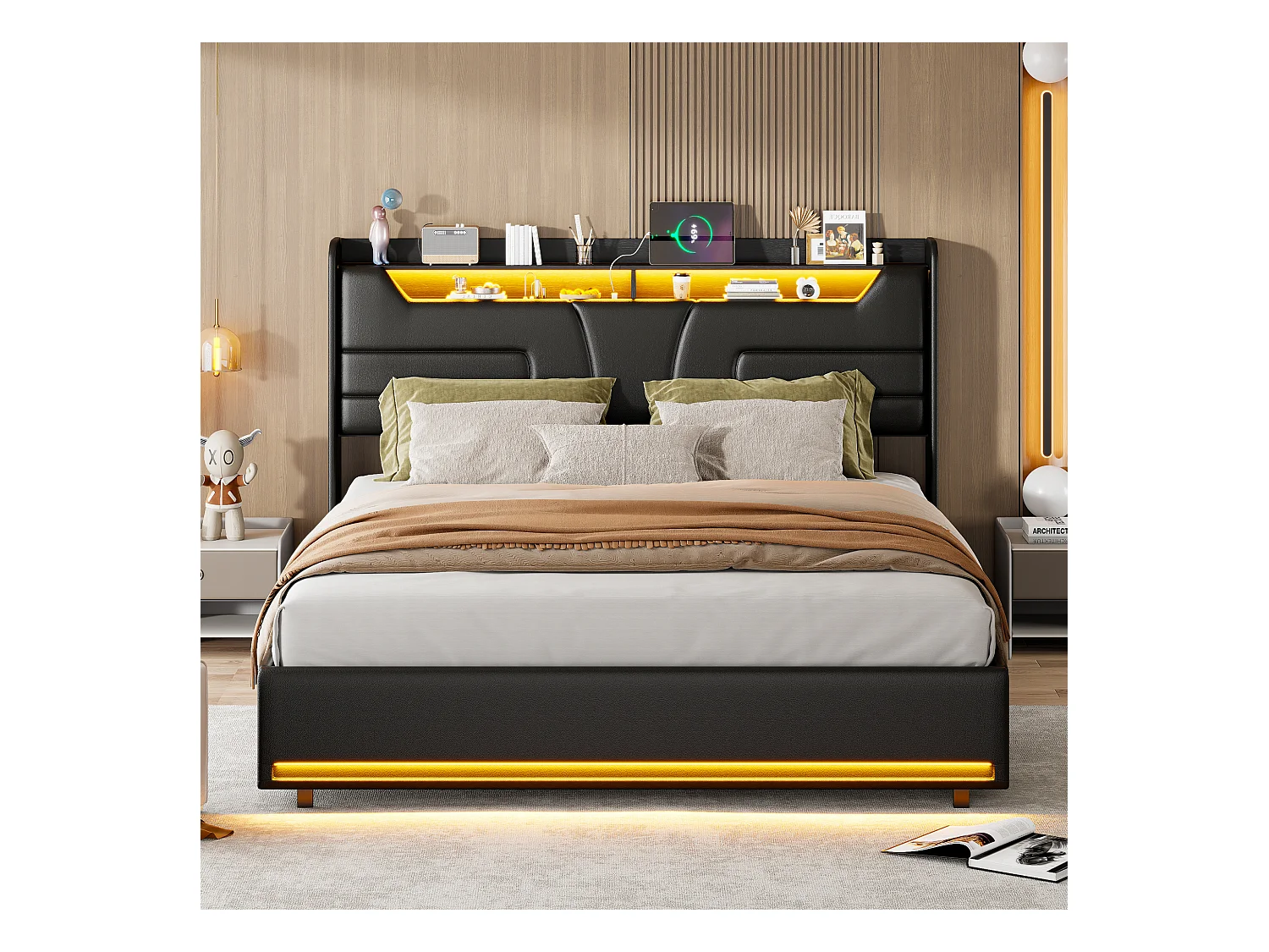Polsterbett 140x200cm mit USB und Steckdosen, Jugendbett Doppelbett mit Lattenrost und Stauraum, Stauraumbett mit LED, Kunstleder, Schwarz