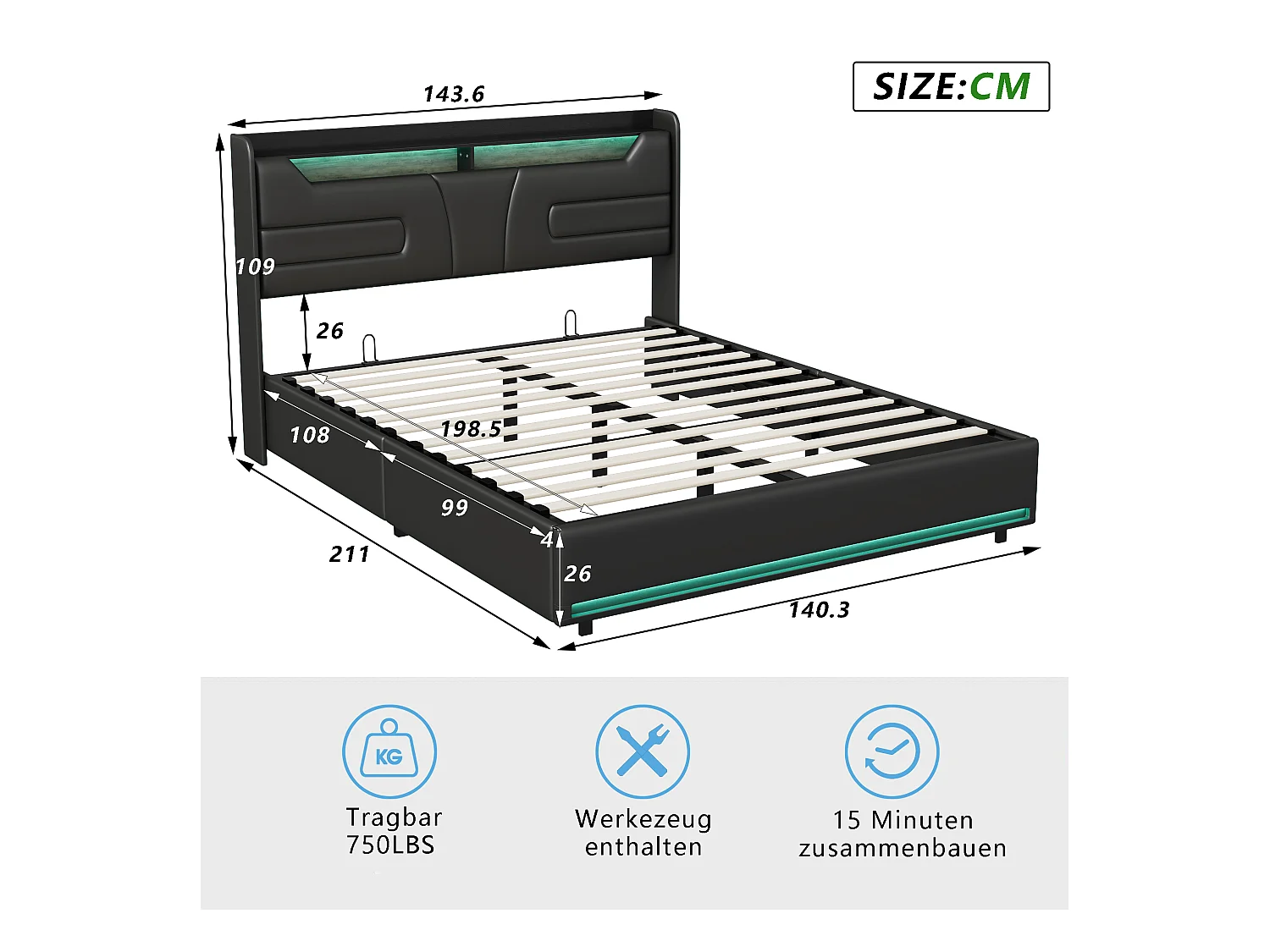 Polsterbett 140x200cm mit USB und Steckdosen, Jugendbett Doppelbett mit Lattenrost und Stauraum, Stauraumbett mit LED, Kunstleder, Schwarz