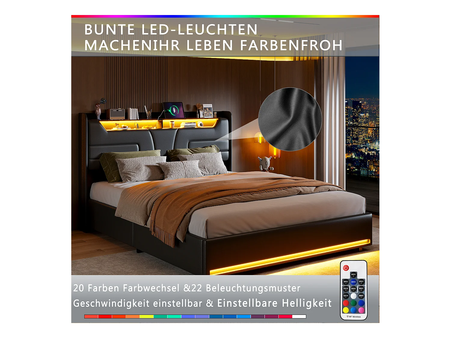 Polsterbett 140x200cm mit USB und Steckdosen, Jugendbett Doppelbett mit Lattenrost und Stauraum, Stauraumbett mit LED, Kunstleder, Schwarz