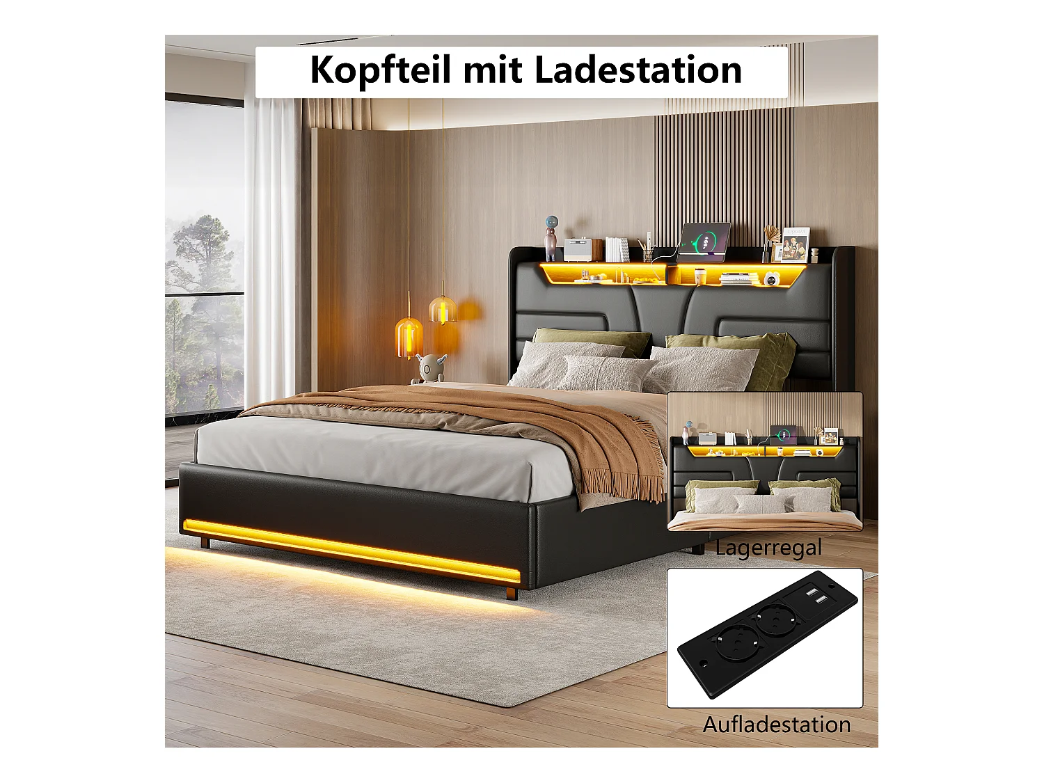 Polsterbett 140x200cm mit USB und Steckdosen, Jugendbett Doppelbett mit Lattenrost und Stauraum, Stauraumbett mit LED, Kunstleder, Schwarz