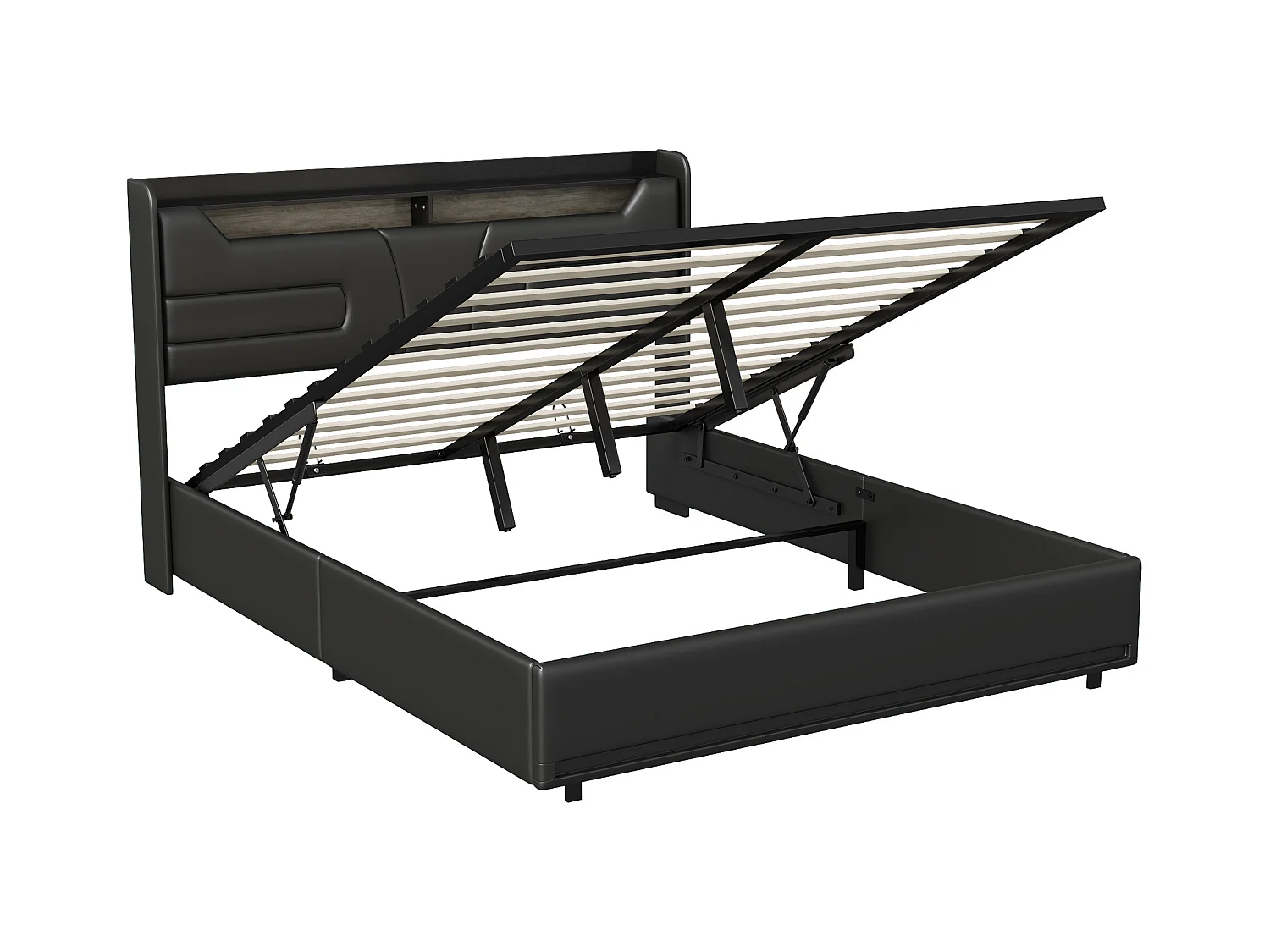Polsterbett 140x200cm mit USB und Steckdosen, Jugendbett Doppelbett mit Lattenrost und Stauraum, Stauraumbett mit LED, Kunstleder, Schwarz
