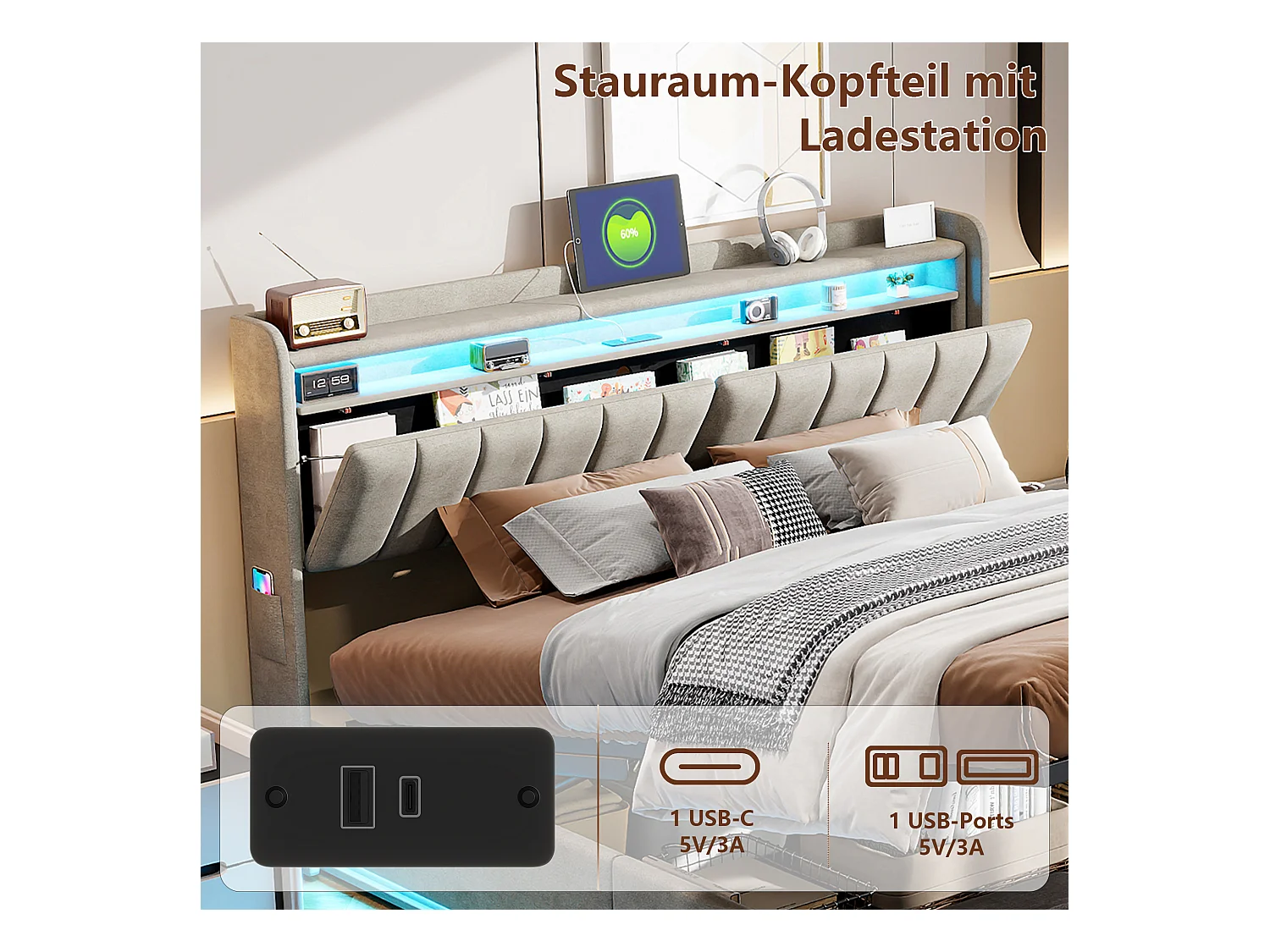 Cama tapizada de 140 x 200 cm con carga USB, cama doble juvenil, canapé con luces LED y cabecero con espacio de almacenaje, somier hidráulico.