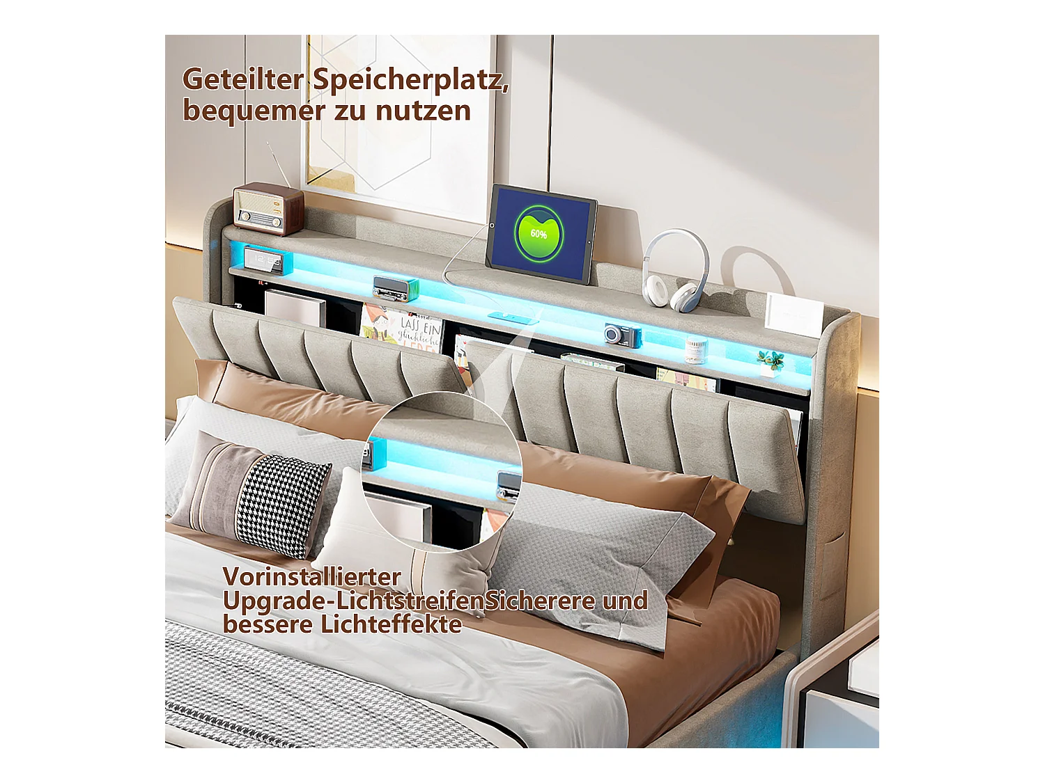 Cama tapizada de 140 x 200 cm con carga USB, cama doble juvenil, canapé con luces LED y cabecero con espacio de almacenaje, somier hidráulico.