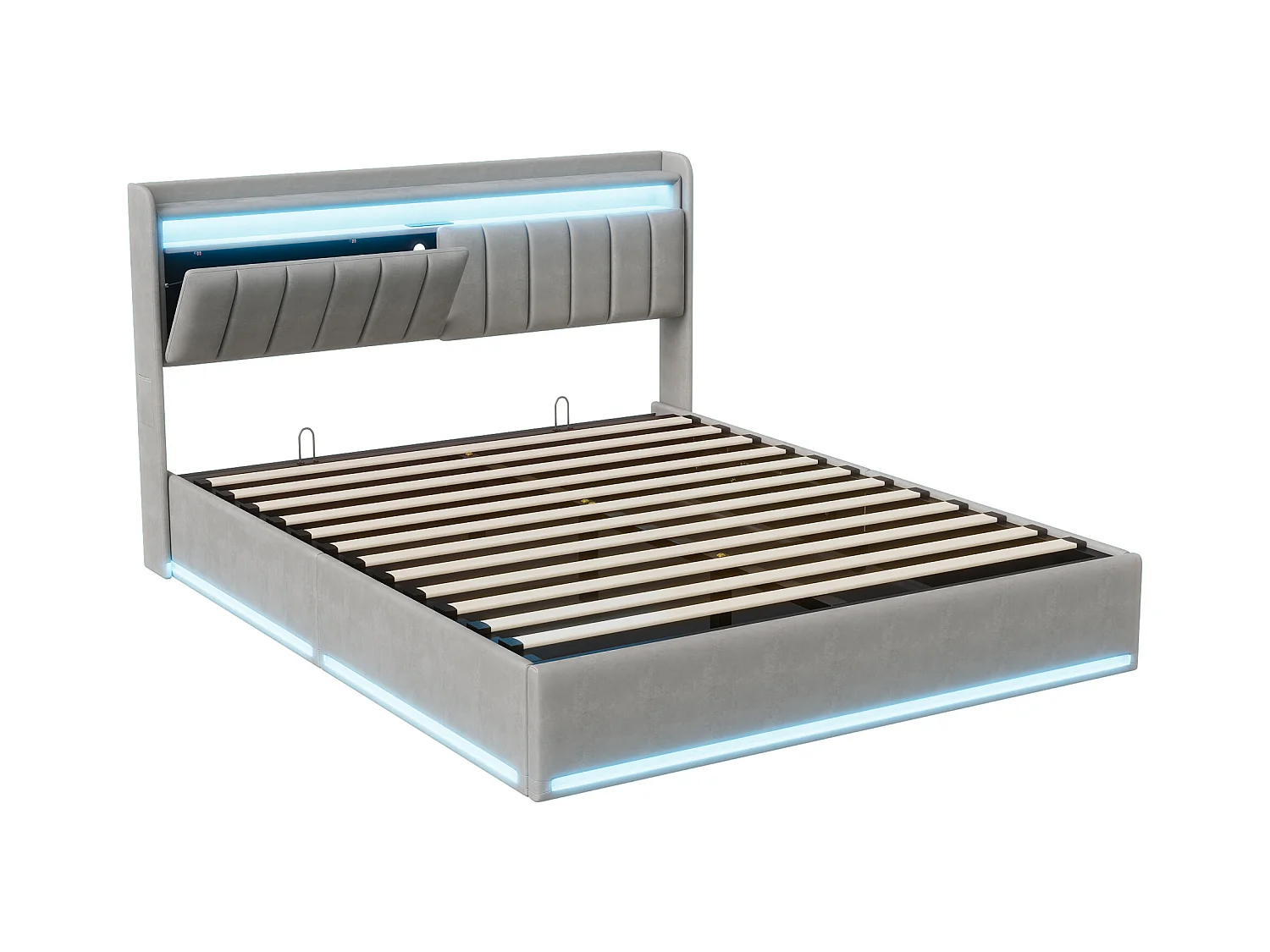 Cama tapizada de 140 x 200 cm con carga USB, cama doble juvenil, canapé con luces LED y cabecero con espacio de almacenaje, somier hidráulico.