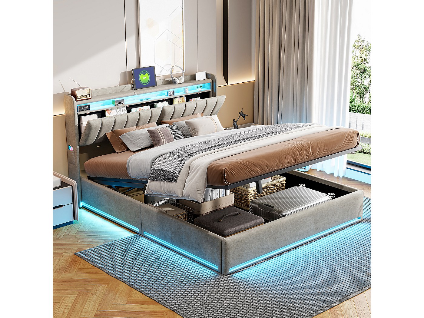 Gestoffeerd bed, 140 x 200 cm, tweepersoonsbed met lattenbodem en hoofdeinde, modern metalen bed voor volwassenen en jongeren, logeerbed, bedframe, goudkleurig (zonder matras