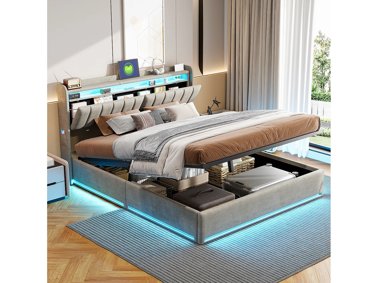 Gestoffeerd bed 140 x 200 cm met USB-oplader, tweepersoons bed, bed met opbergruimte en led-verlichting, hoofdbord met opbergruimte en hydraulische lattenbodem.