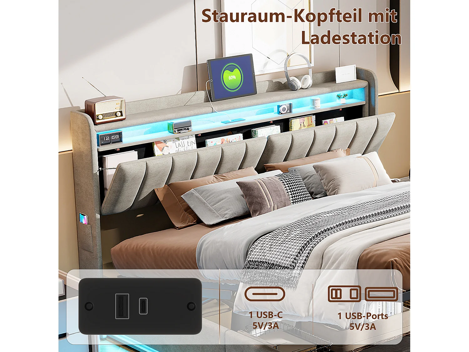 Gestoffeerd bed 140 x 200 cm met USB-oplader, tweepersoons bed, bed met opbergruimte en led-verlichting, hoofdbord met opbergruimte en hydraulische lattenbodem.