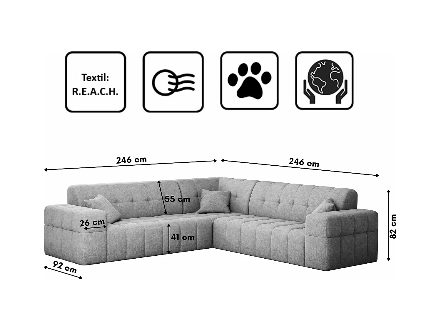 Canapé d'angle Corner Eckouch Salon NIMES tissu élégant Perfect Harmony Gris