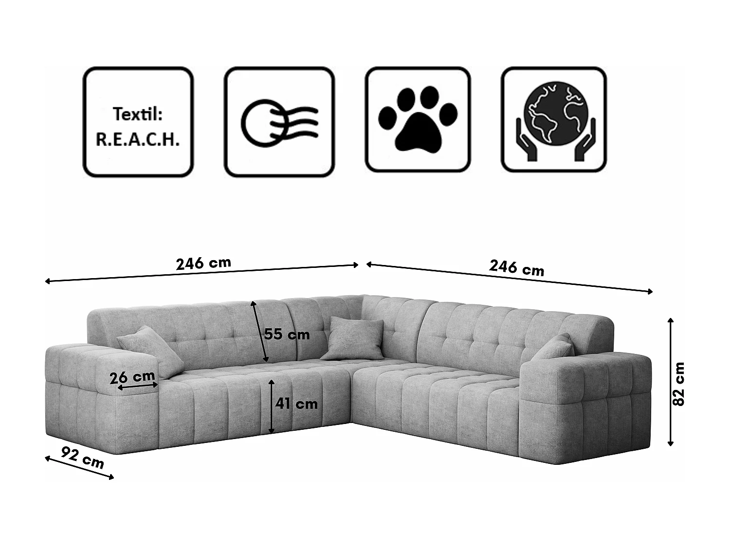 Canapé d'angle Corner Eckouch Salon NIMES tissu élégant Perfect Harmony Gris