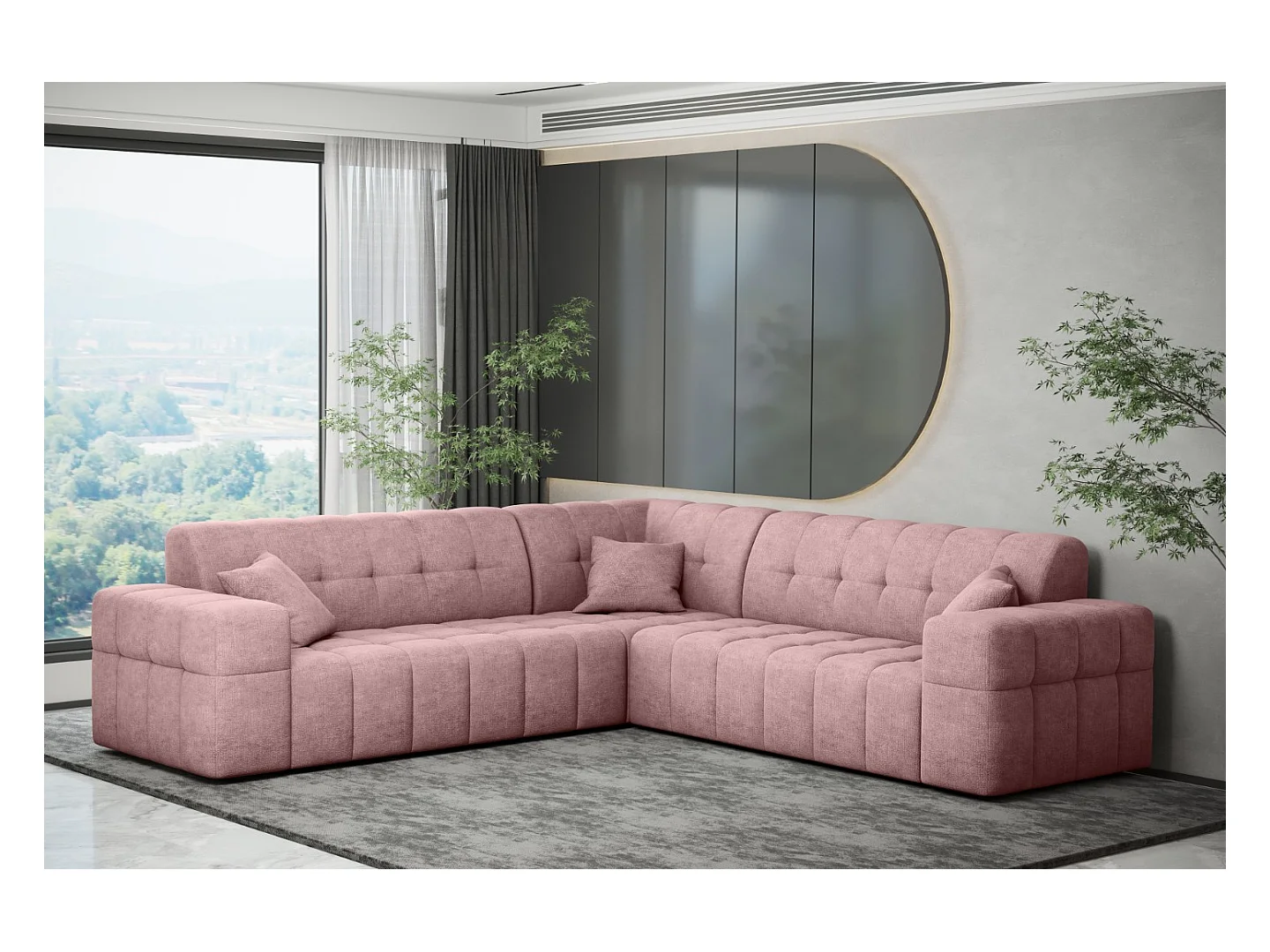 Canapé d'angle Corner Eckouch Salon NIMES tissu élégant Harmonie Parfaite Rose