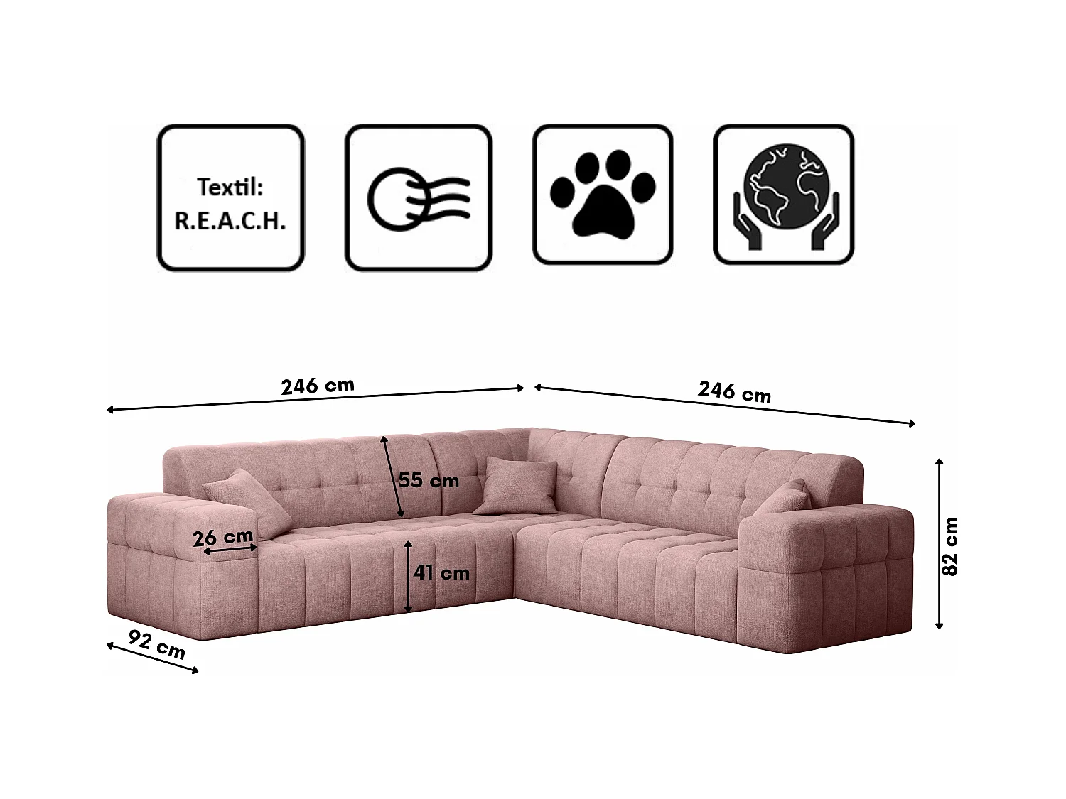 Canapé d'angle Corner Eckouch Salon NIMES tissu élégant Harmonie Parfaite Rose