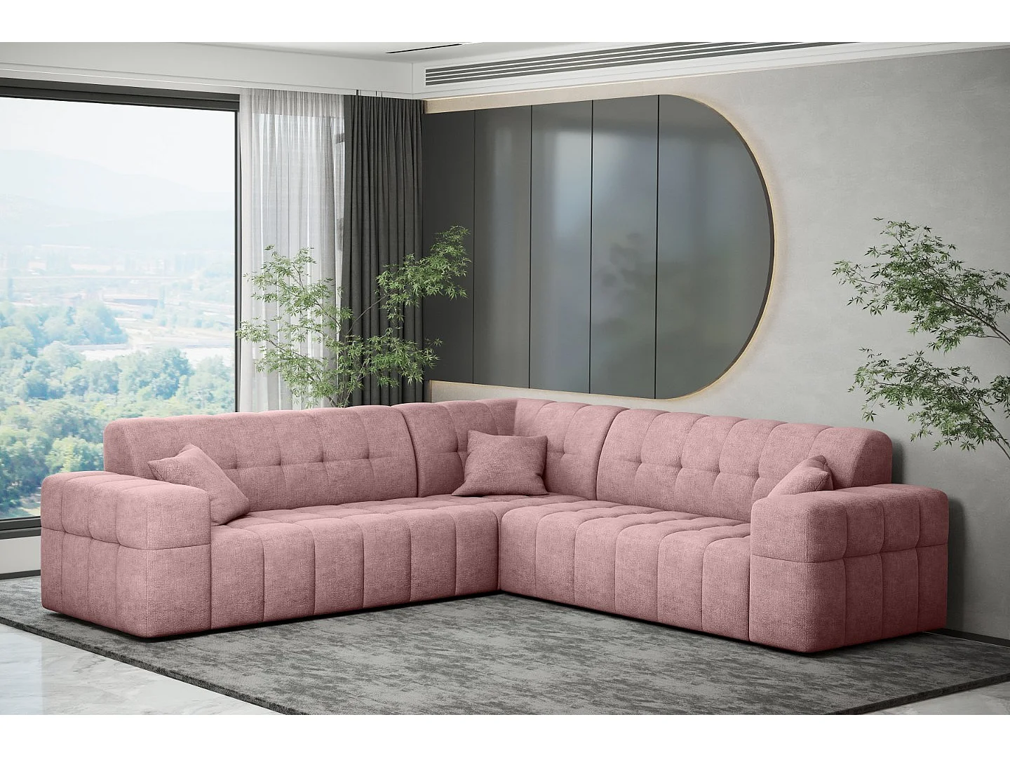 Canapé d'angle Corner Eckouch Salon NIMES tissu élégant Harmonie Parfaite Rose